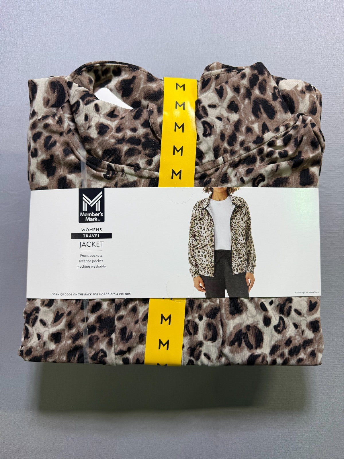 NWT Member's Mark Full-Zip Travel Jacket Women Medium Black/Brown Leopard Print