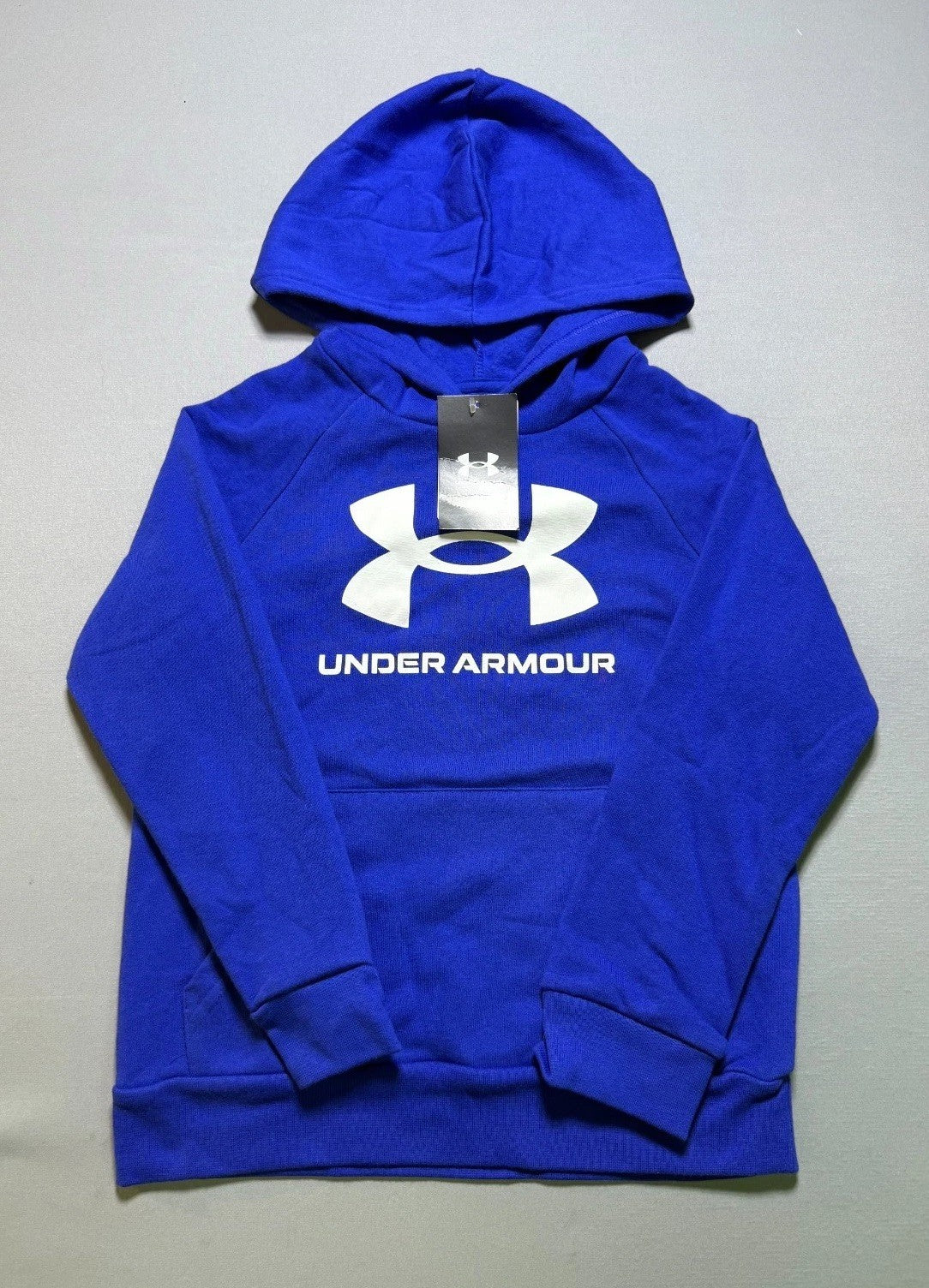 NWT Under Armour Rival Fleece Hoodie Boys Youth Small Blue Logo Ribbed Cuffs