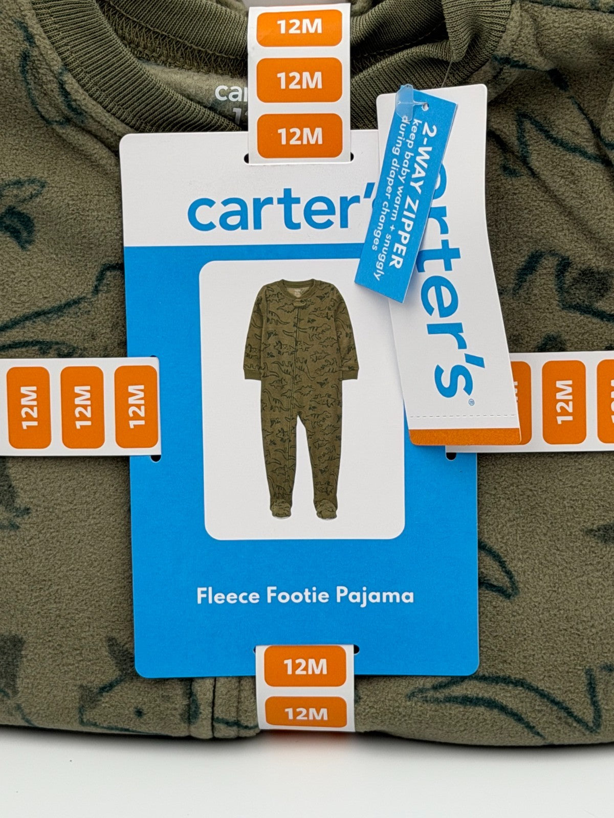NWT Carter's Fleece Footie Pajama Set Baby 12M Green Dinosaur Snug Fit Comfort