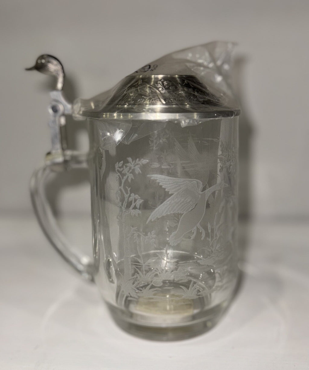 DUCKS NEW GLASS BEER STEIN ETCHED DUCKS FOREST SCENE PEWTER LID ALWE GERMANY