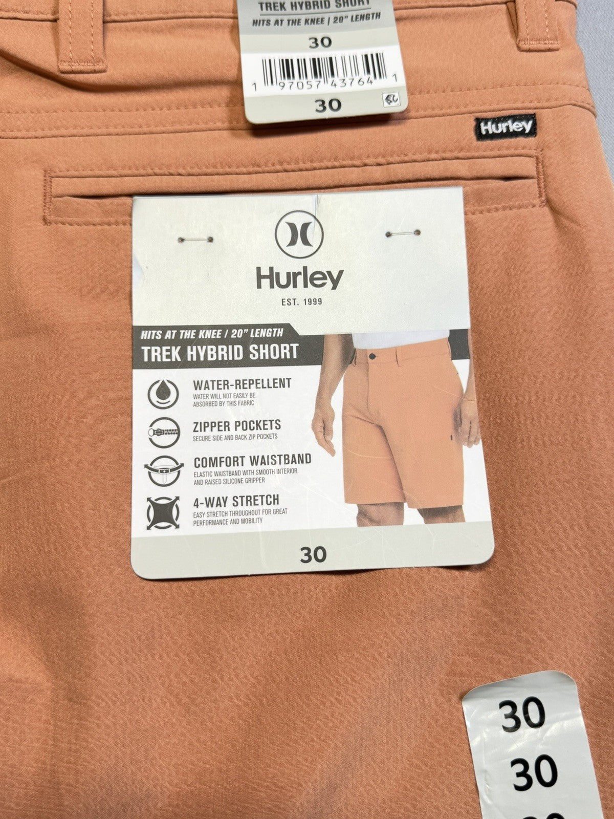 NWT Hurley All Day Trek Hybrid Short Men's 30 Orange Rust 4-Way Stretch Comfort