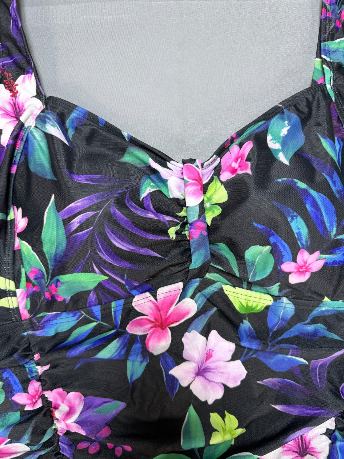 NWT Daci One Piece Swimsuit Women 22W Black Tropical Tummy Control Ruched Floral