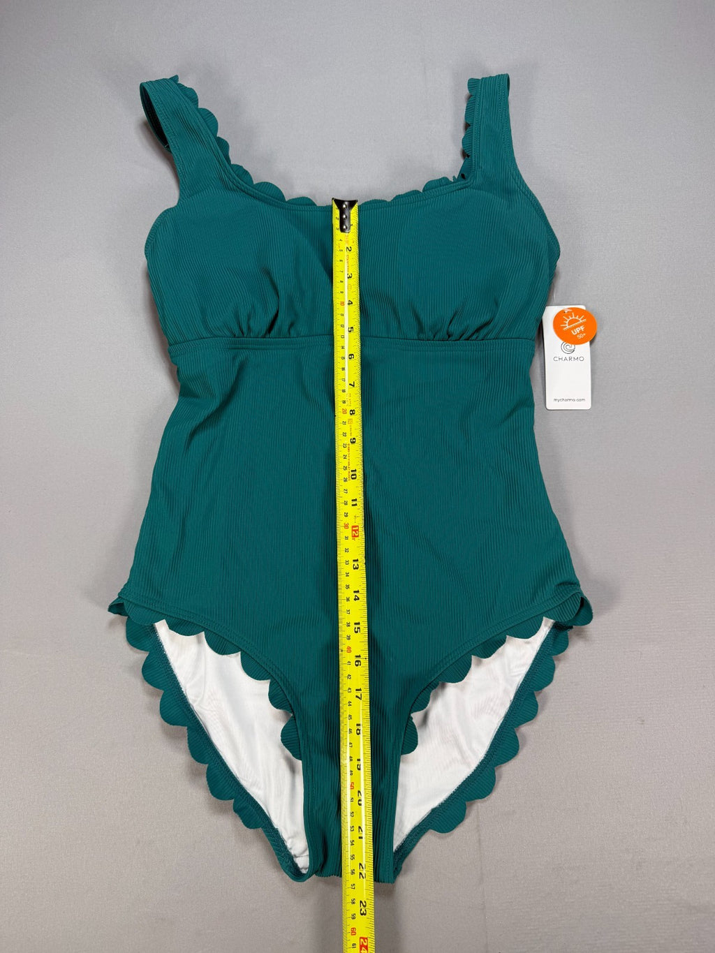 Charmo Ribbed Scalloped One Piece Swimsuit Womens Teal Green Retro Square Neck M
