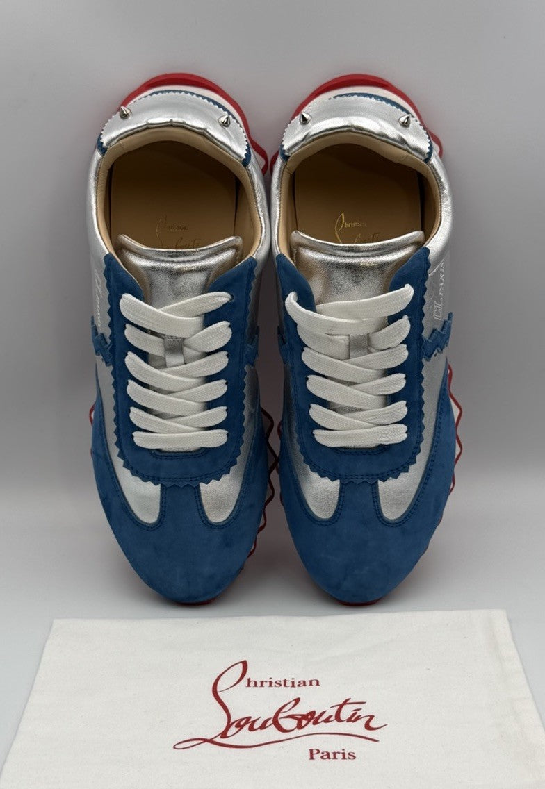 Christian Louboutin Loubishark Flat Ludwig Blue Suede Silver Size 40.5 EU 7.5 US