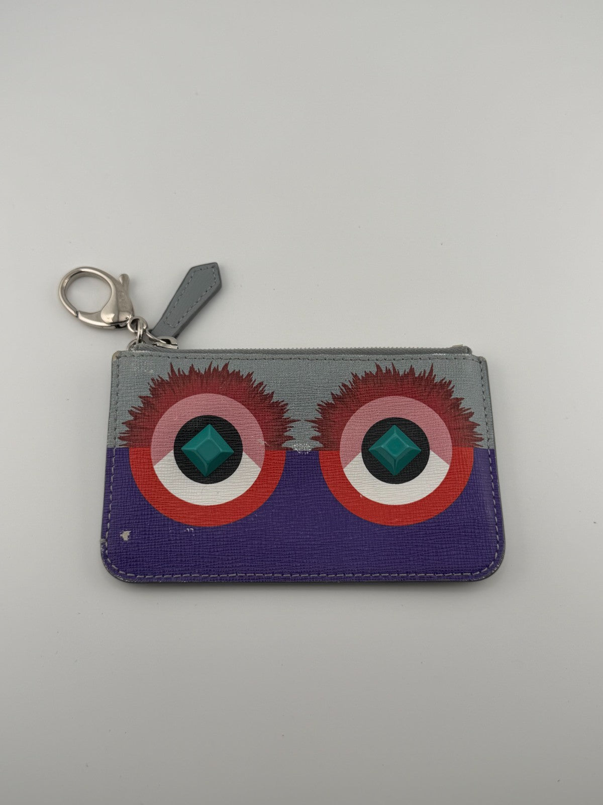 FENDI Monster Eyes Pochette Wallet Women's Purple Leather Zippy Coin Purse