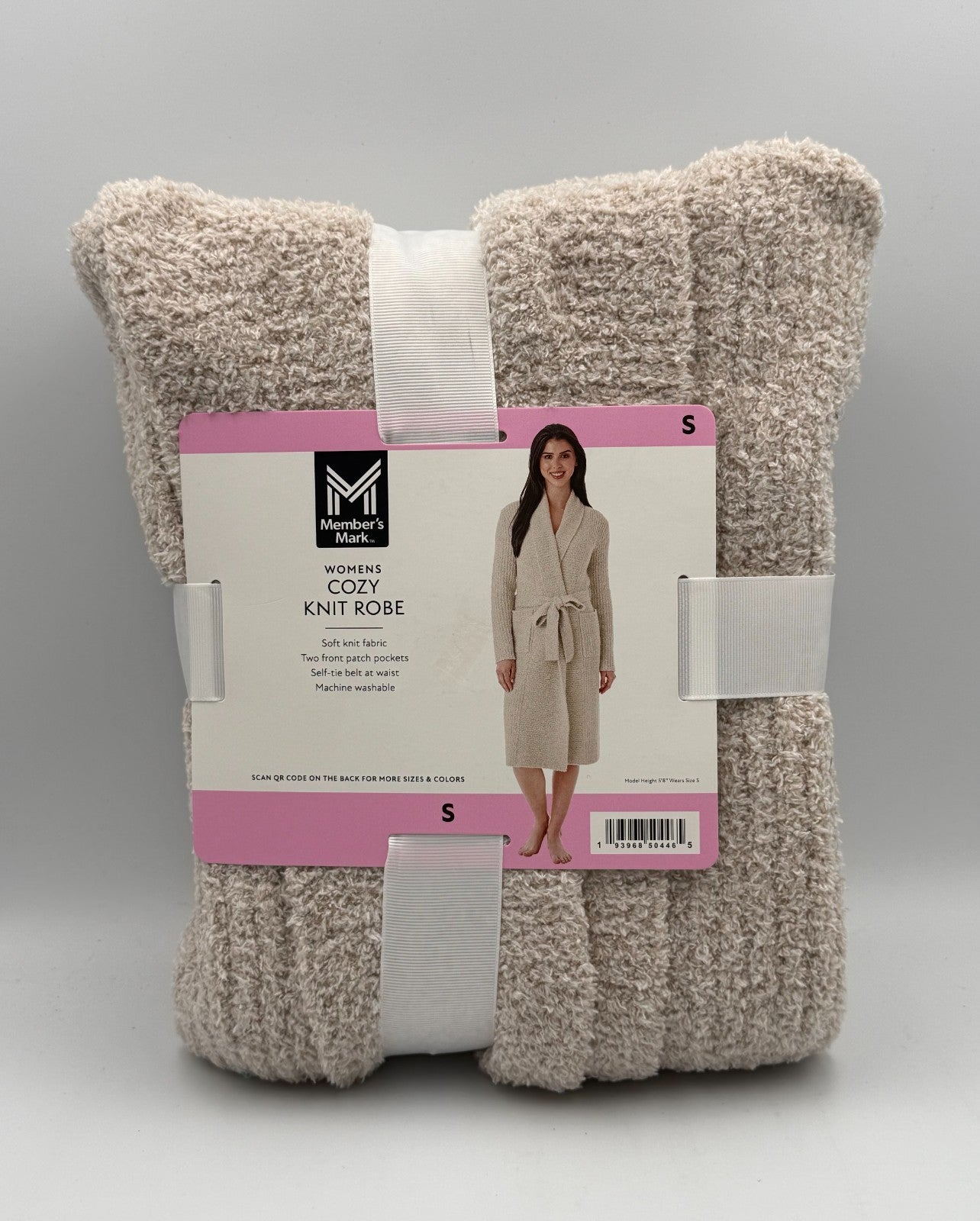 NWT Member's Mark Cozy Knit Robe Women's Small Beige Tie Belt Patch Pockets