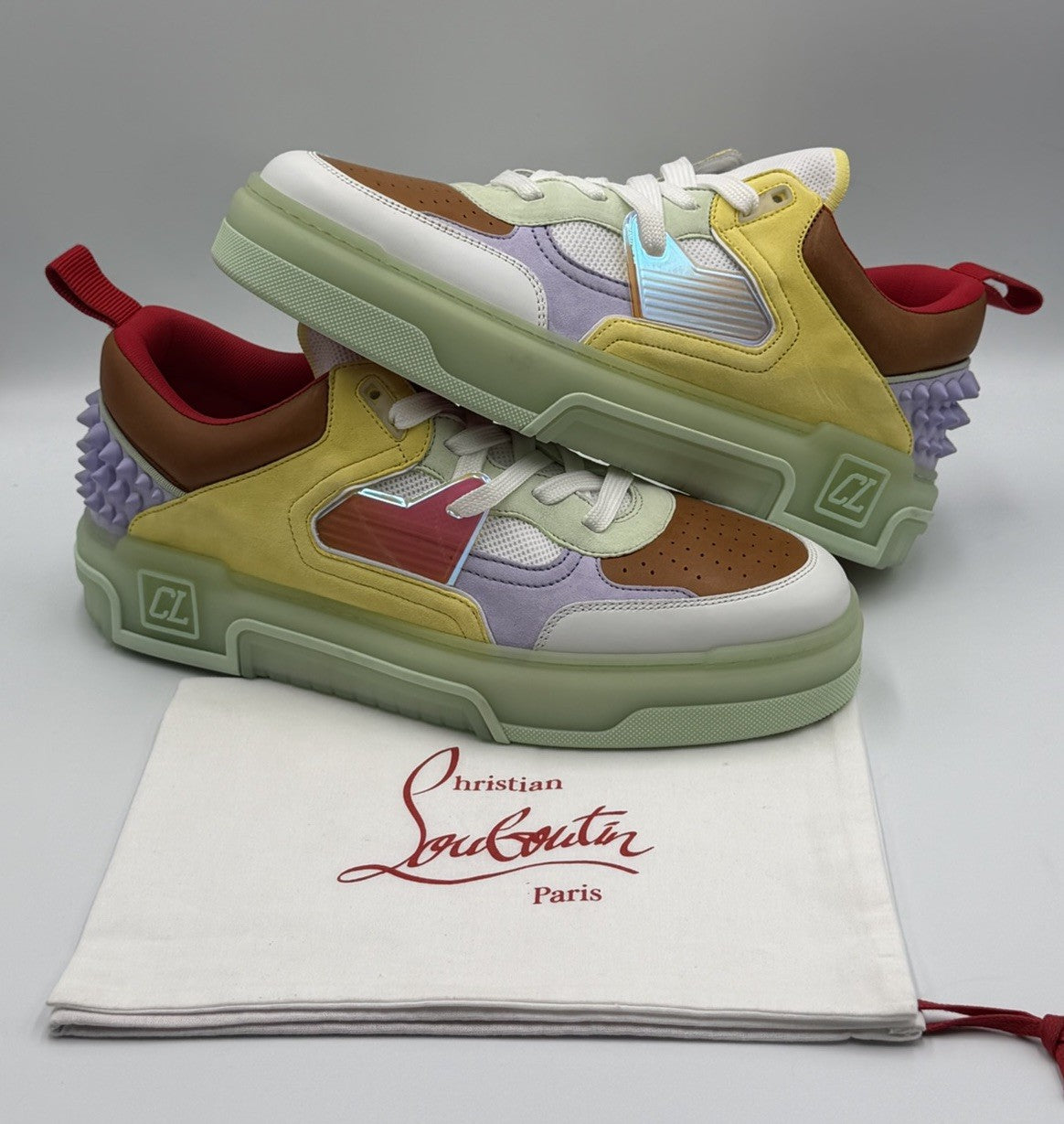Christian Louboutin Calf Loubi Flat Sneakers Green/Lilac Size 43.5 EU; 10.5 US