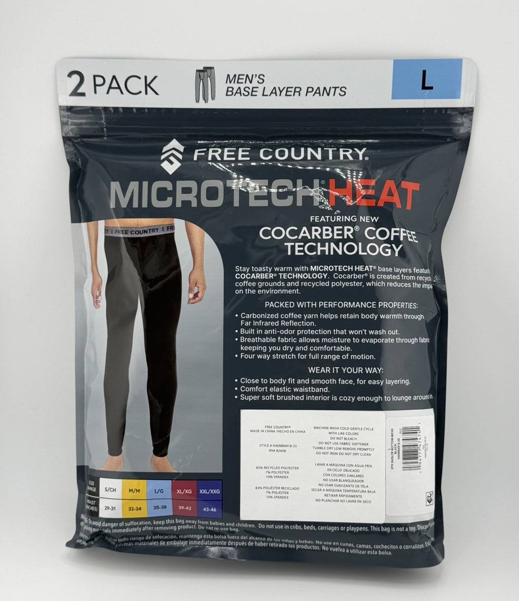 Free Country Microtech Heat Base Layer Pant Men's Large Black Stretch -Pack of 2