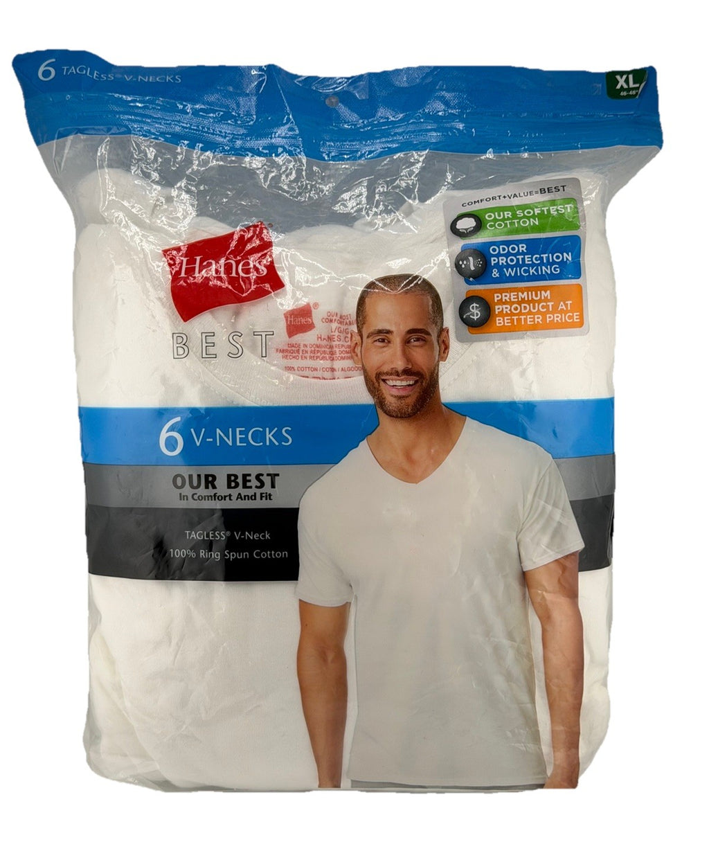 New Pack Hanes Value Pack 6 Tagless V-Neck Tshirts Tees Size XL White