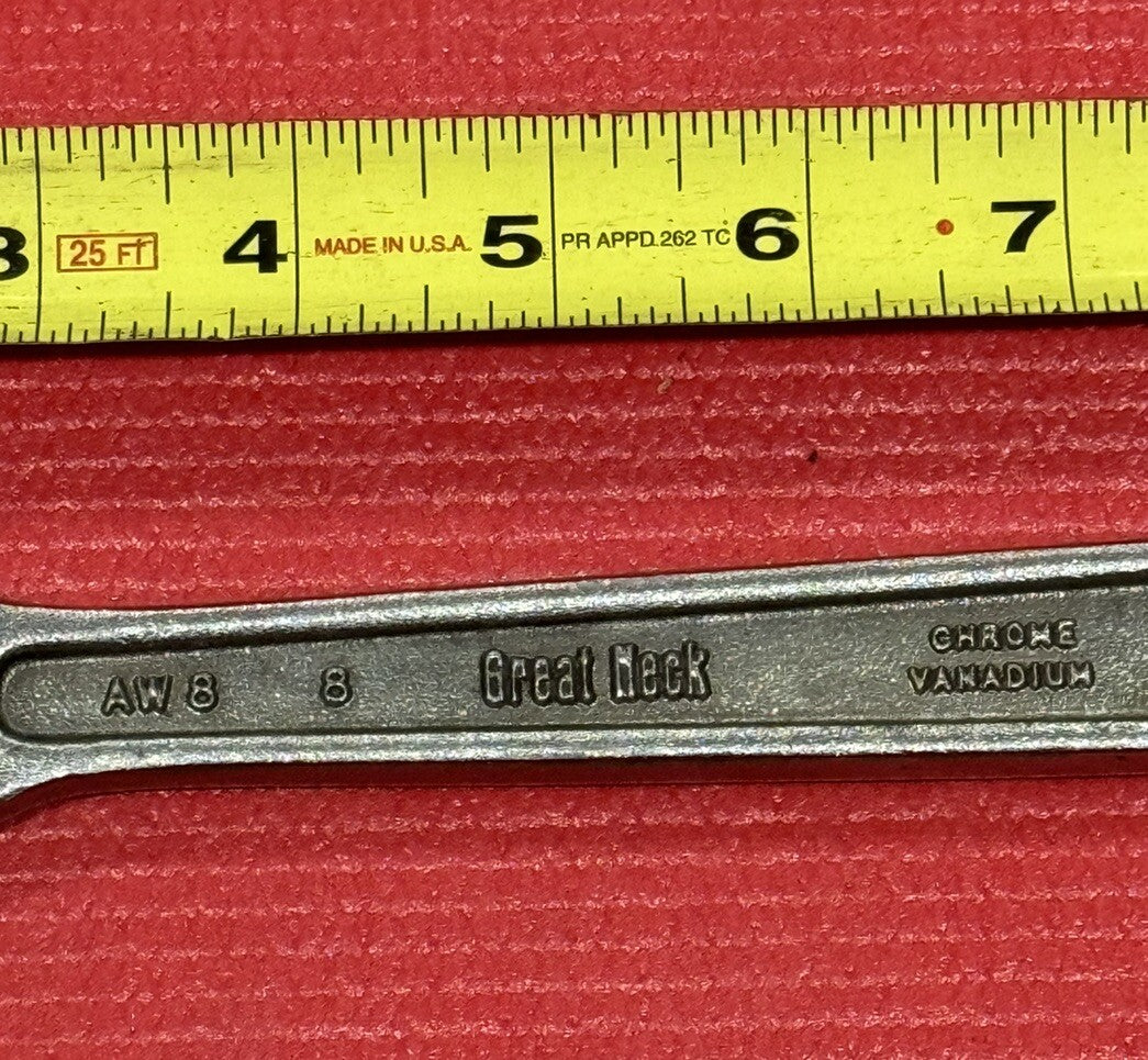 Vintage GREAT NECK TOOLS AW8 8" Adjustable Wrench Heavy Duty Drop Forged Japan