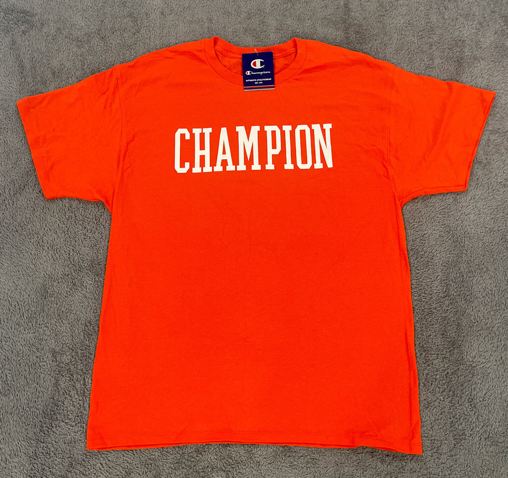 NEW Champion Men's Large Orange T-Shirt Short Sleeve Spell Out Casual Tee Active
