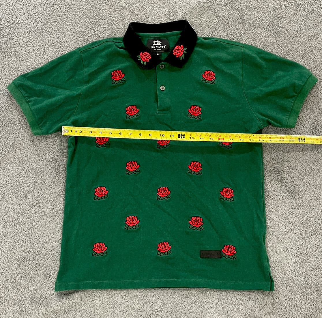 Damati Men's Size Large (L) Polo Short Sleeve Roses Embroidered Green Cotton