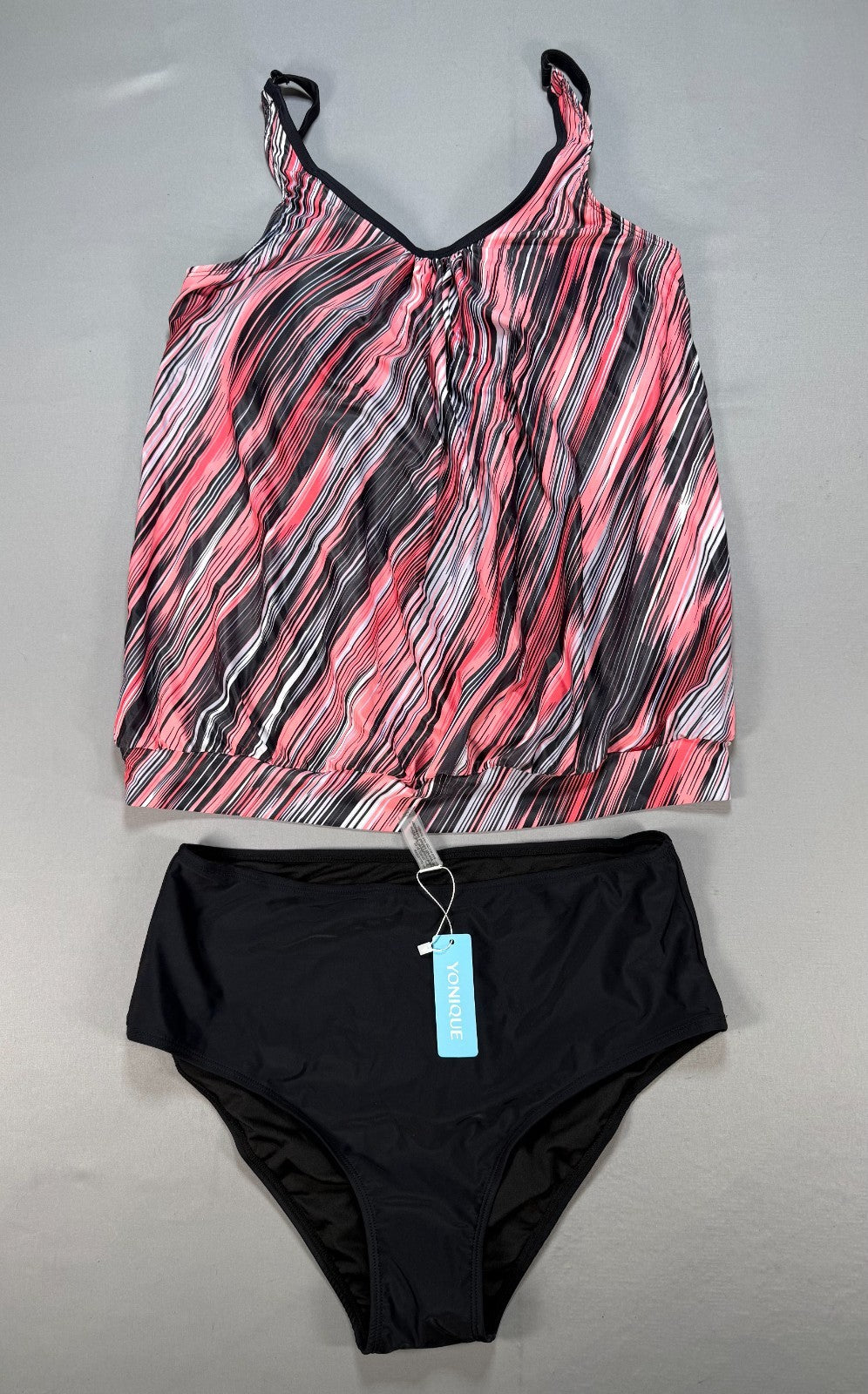 NWT Yonique Blouson Two Piece Tankini Bathing Suit Women's Large Pink Striped