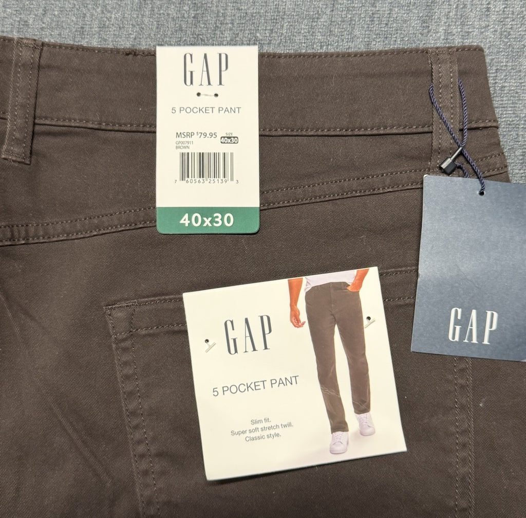 NWT Gap Slim Fit Stretch Twill Pants Men's 40x30 Brown Zip-Fly Classic 5-Pockets