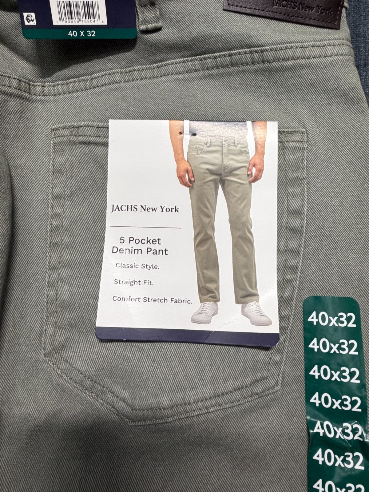 NWT Jachs New York Denim Pant Men's 40X32 Gray Straight Leg Casual 5-Pockets