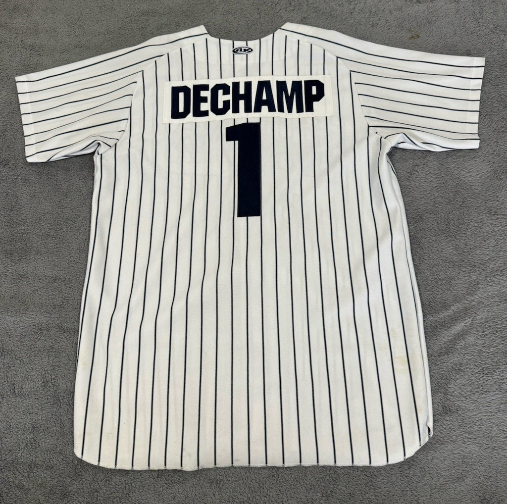 Vintage Athletic Knit SIEMPRE RICO DECHAMP Pinstripes Baseball Jersey Men Size L
