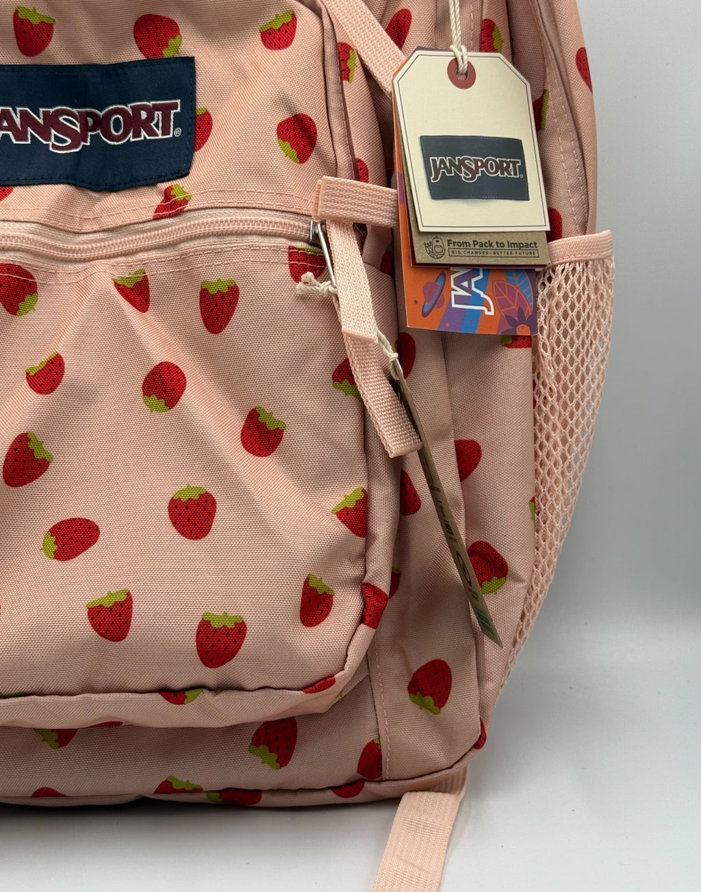NWT JanSport Big Student Backpack Strawberry Shower Pink Fruit Print 15" Laptop