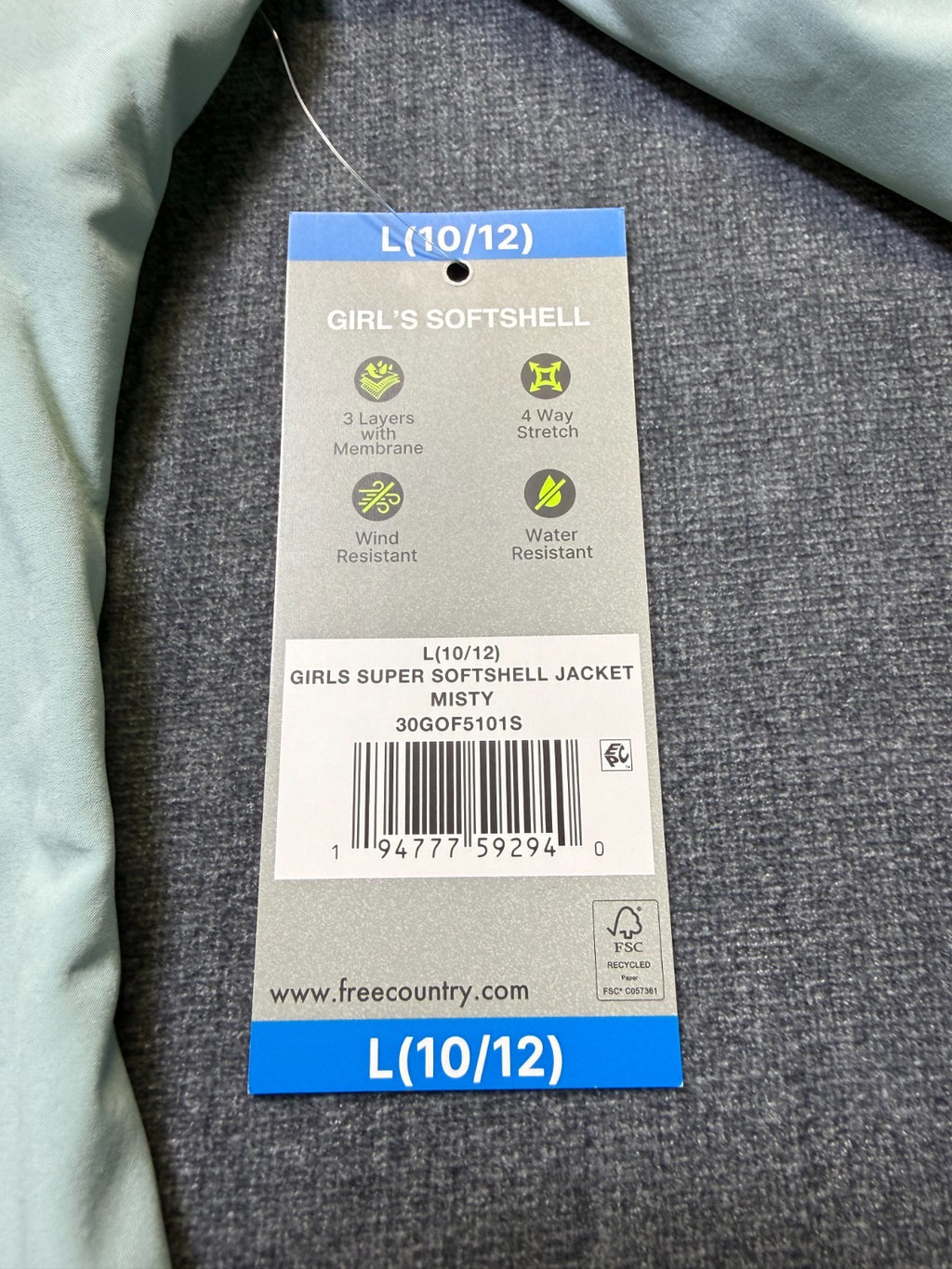 NWT Free Country Super Softshell Jacket Girls Large Misty Blue Full-Zip Gorpcore