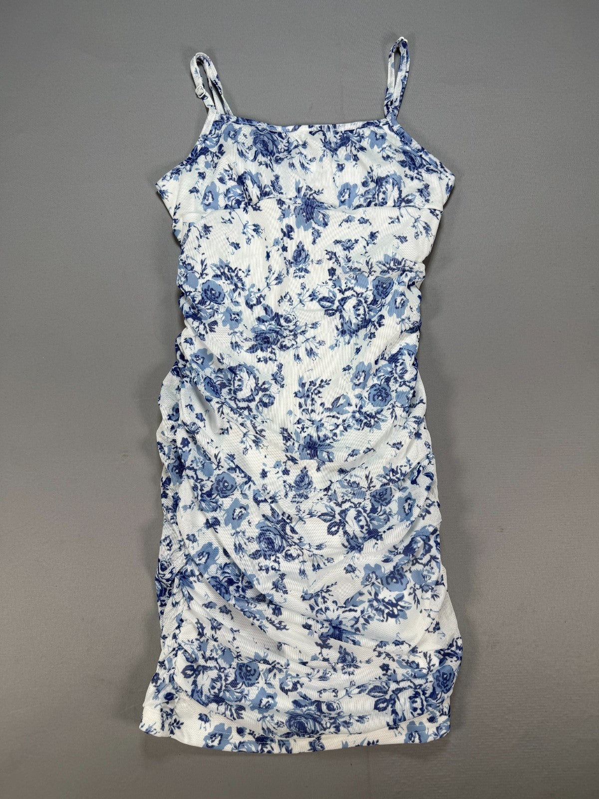 Girls Floerns Ruched Bodycon Dress 11Y Blue White Floral Cami Spaghetti Strap