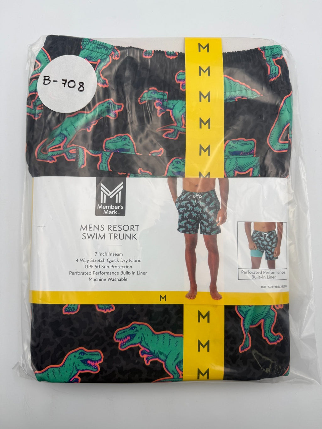 NWT Member's Mark Resort Swim Trunks Men's Medium Black Dinosaur Print 7" Inseam