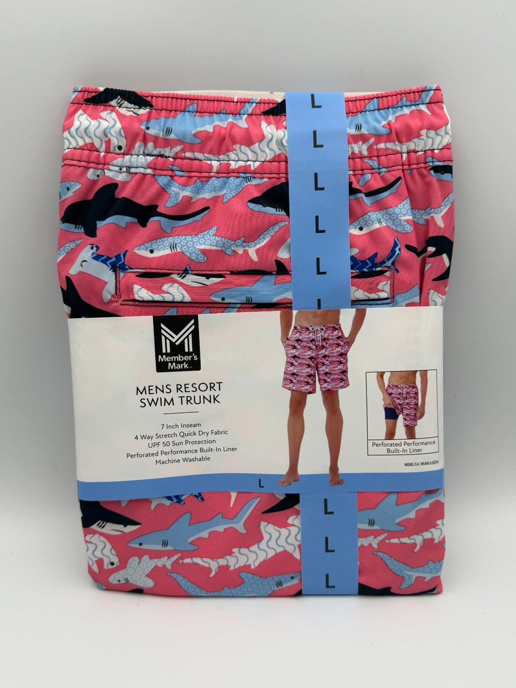 NWT Member's Mark Resort Swim Trunks Men Large Pink Shark Print Lined 7" Inseam