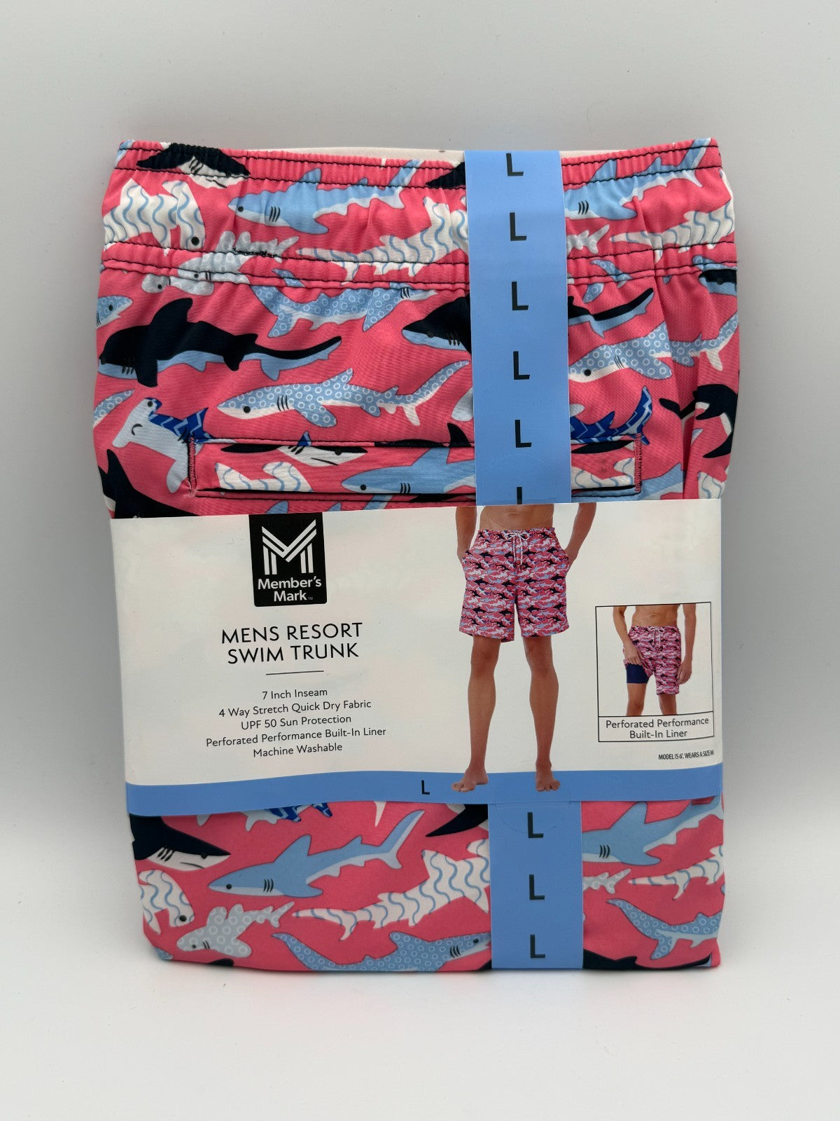 NWT Member's Mark Resort Swim Trunks Men Large Pink Shark Print Lined 7" Inseam