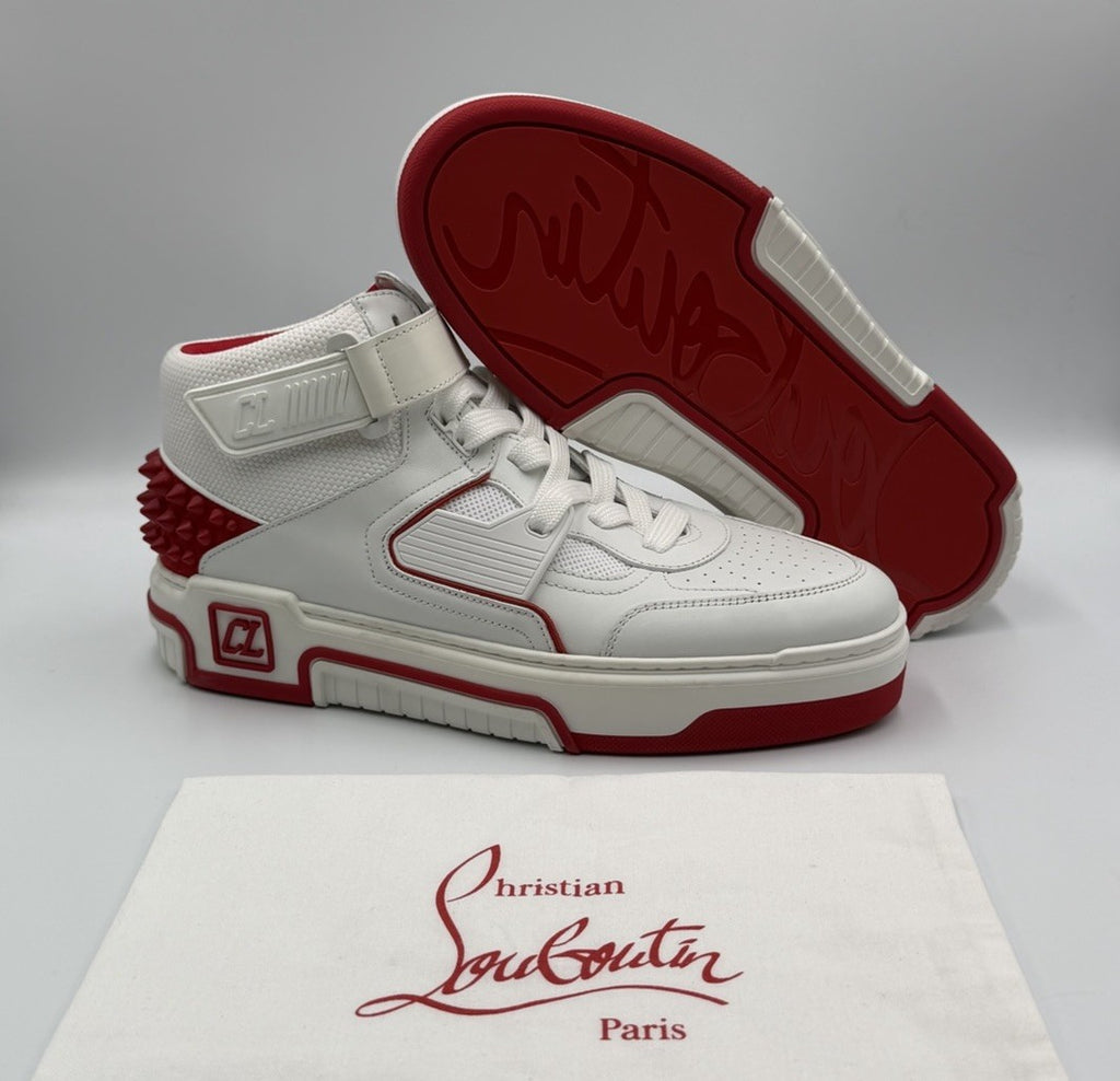 CHRISTIAN LOUBOUTIN White Red Astroloubi Spike Mid Top Sneakers 41.5 EU; 8.5 US