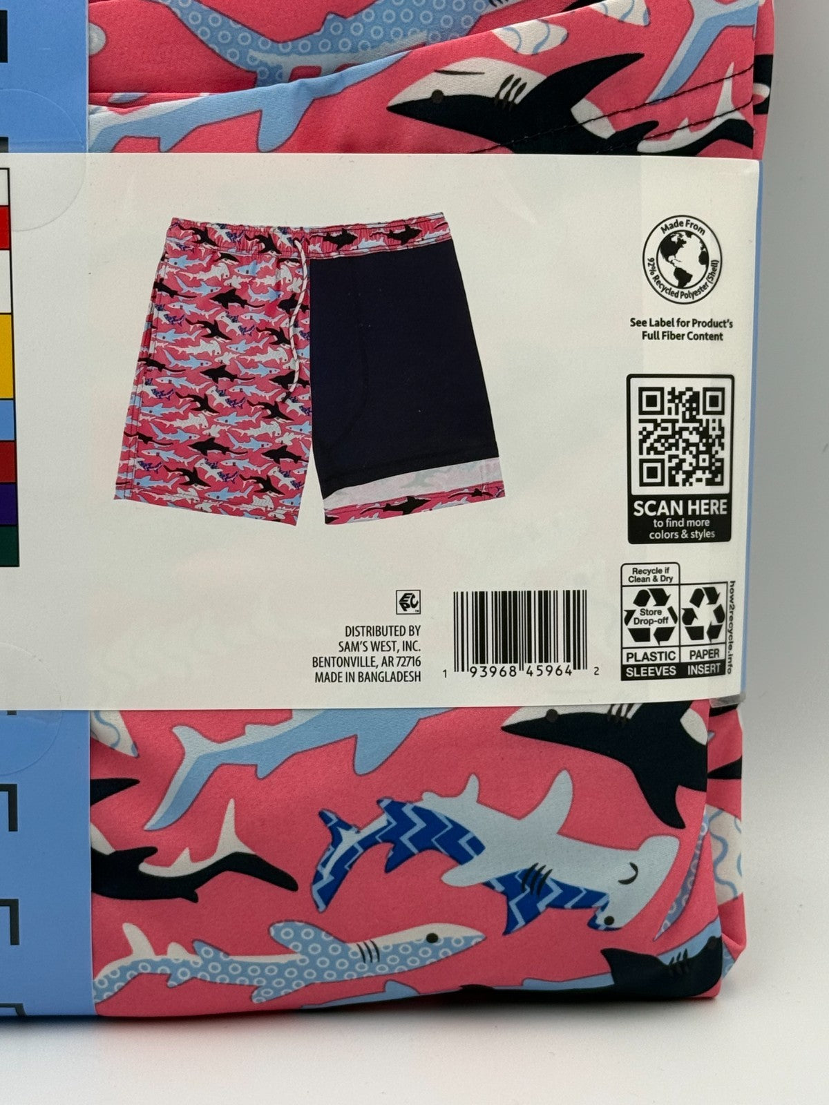 NWT Member's Mark Resort Swim Trunks Men Large Pink Shark Print Lined 7" Inseam
