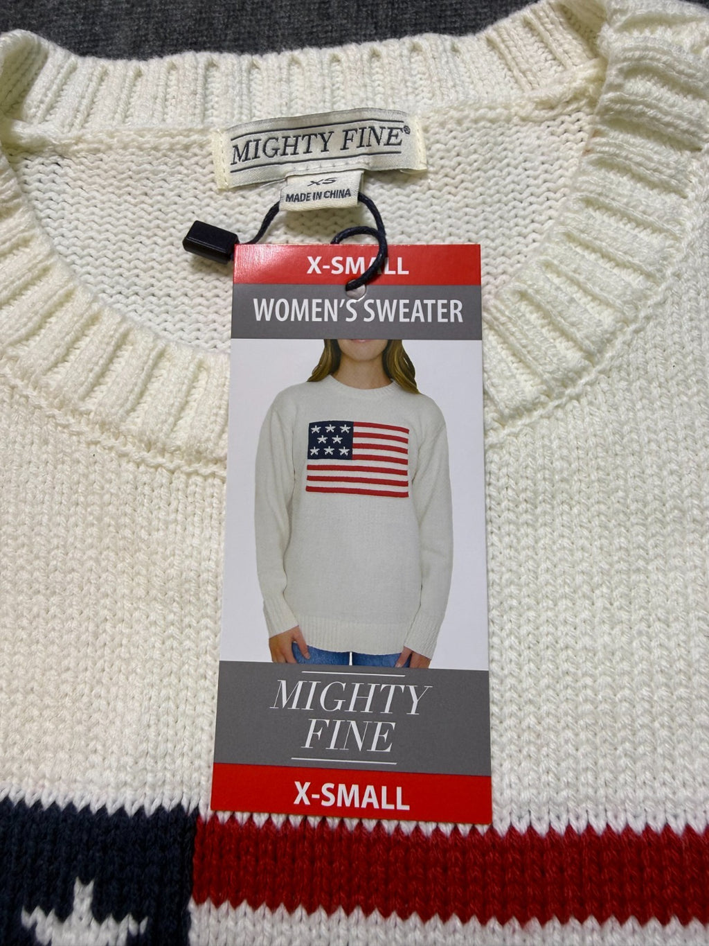 NWT Mighty Fine Americana Sweater Women's XS Cream Ribbed Trims Comfy Pullover