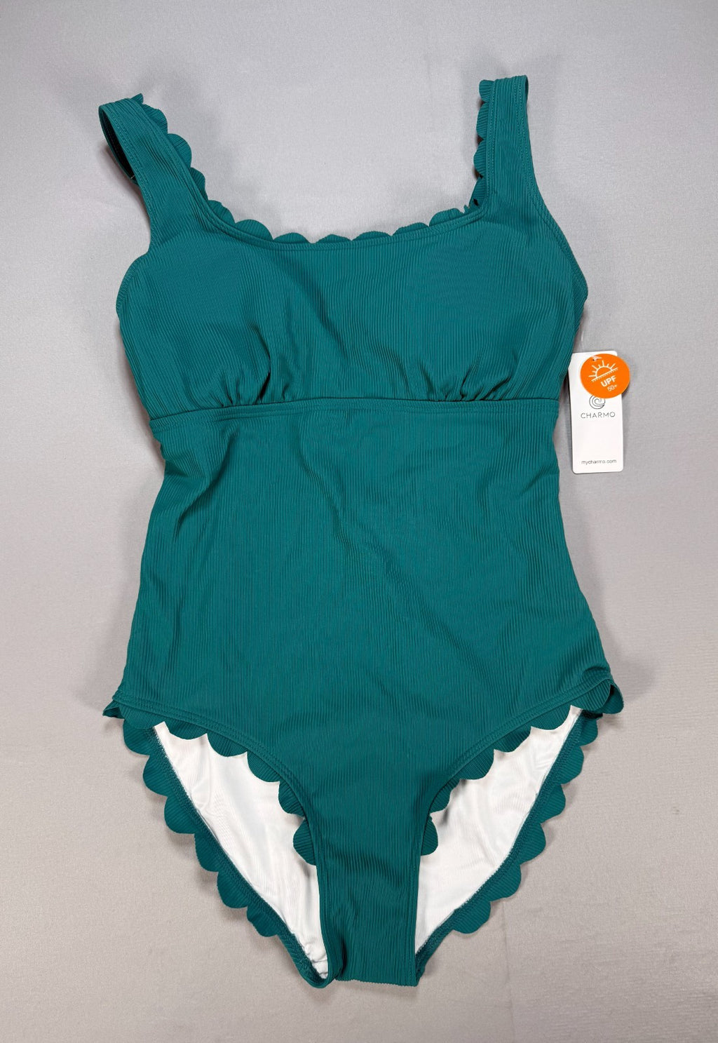 Charmo Ribbed Scalloped One Piece Swimsuit Womens Teal Green Retro Square Neck M