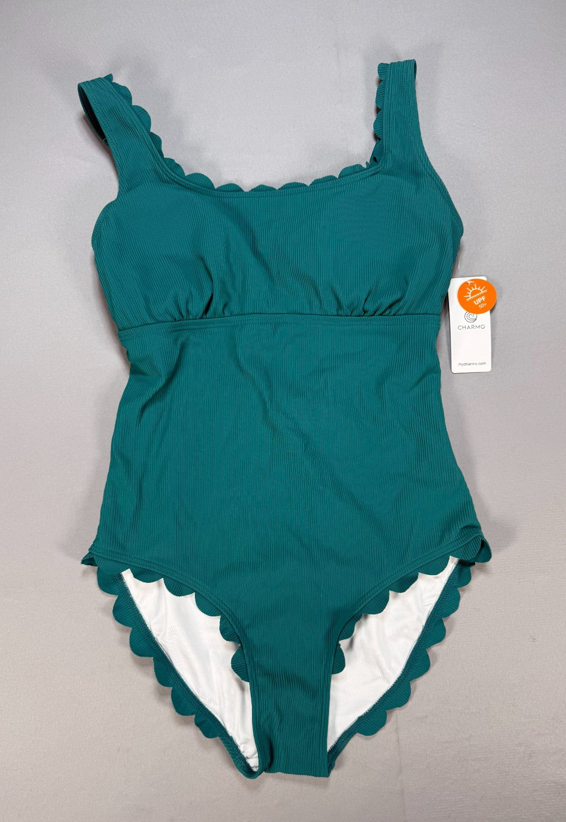 Charmo Ribbed Scalloped One Piece Swimsuit Womens Teal Green Retro Square Neck M