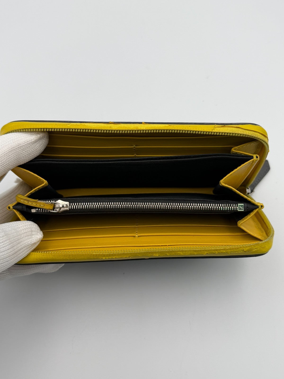 Fendi Monster 7M0210 Bug Eyes Zip Around Long Wallet Black Leather Yellow Trim