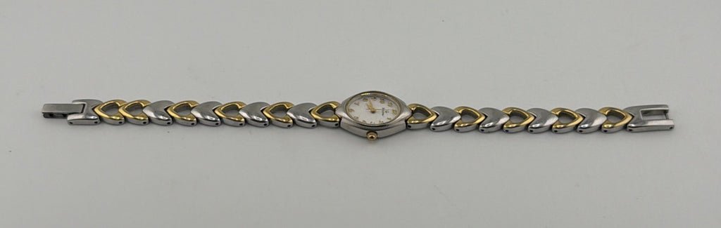 Bulova Womens Two Tone Heart Link Bracelet Quartz Watch Oval Dial