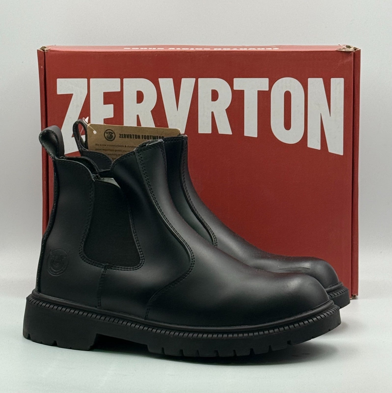 New Zervrton Steel-Toe Chelsea Work Boots Men's 9 Black Leather Pull-On Outdoor