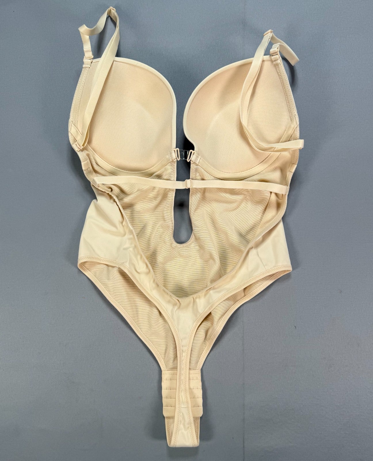 Women's Nude Medium Backless U Plunge Low Cut Clear Strap Shapewear Bodysuit