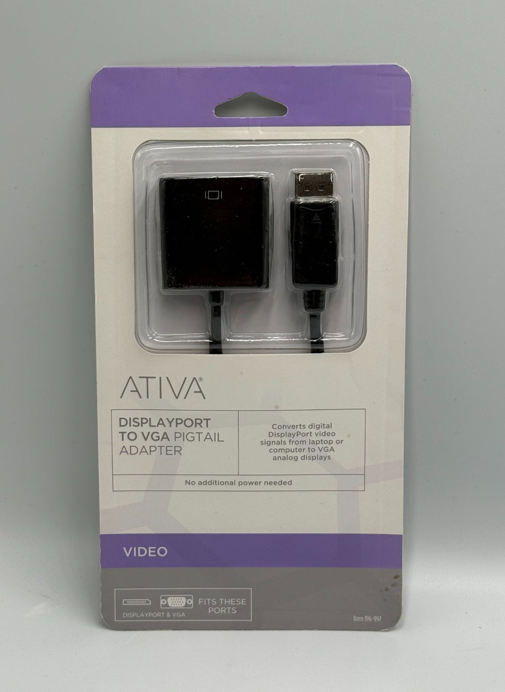 New Ativa 196-997 DisplayPort to VGA Adapter Black Male to Female Video Cord