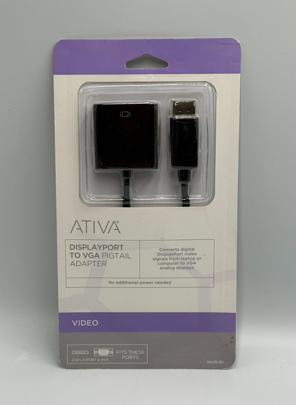 New Ativa 196-997 DisplayPort to VGA Adapter Black Male to Female Video Cord