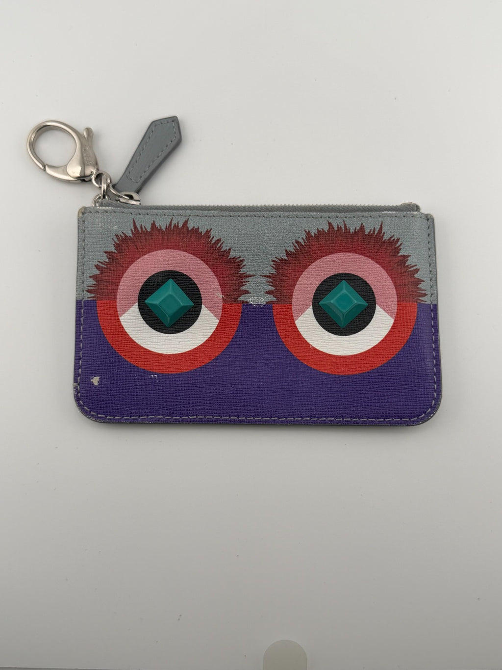 FENDI Monster Eyes Pochette Wallet Women's Purple Leather Zippy Coin Purse