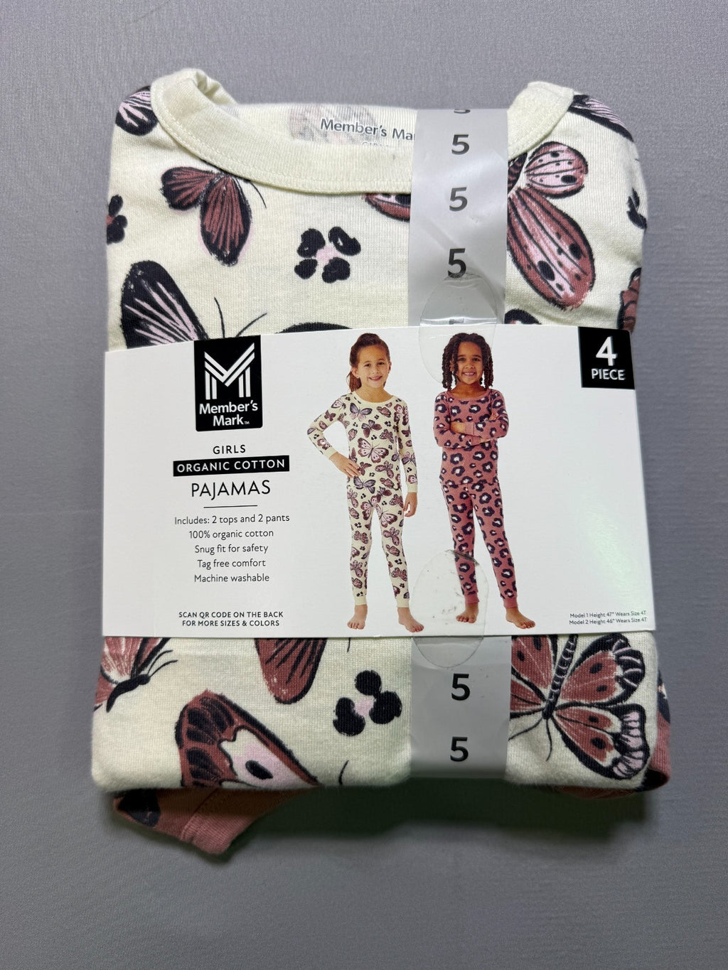 NWT Member's Mark Pajamas Set Girl 5 Multicolor Organic Cotton Comfort- Set Of 2