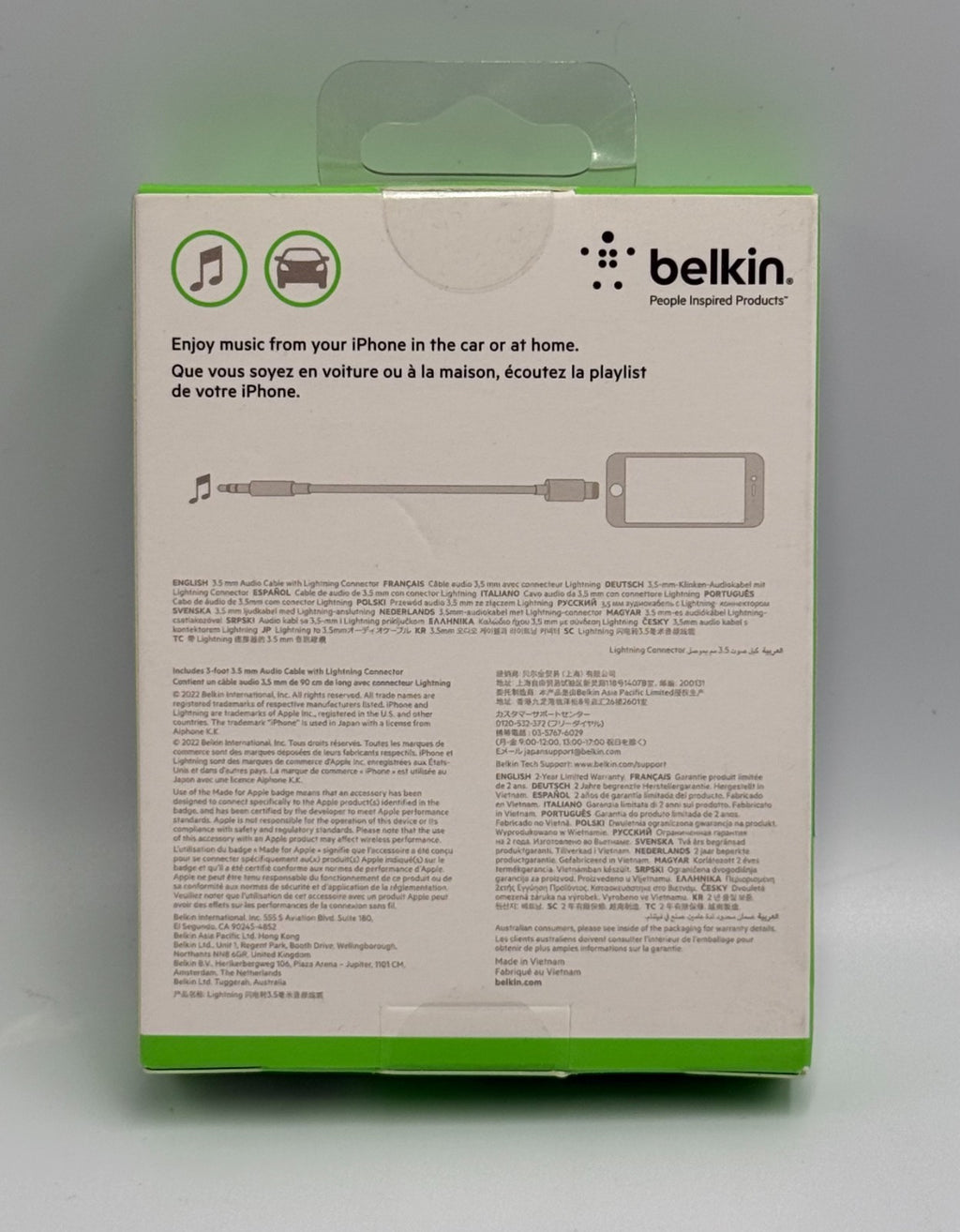 New Belkin 3.5 mm Aux Cable Black 6 FT Audio Cord for iPhone Car