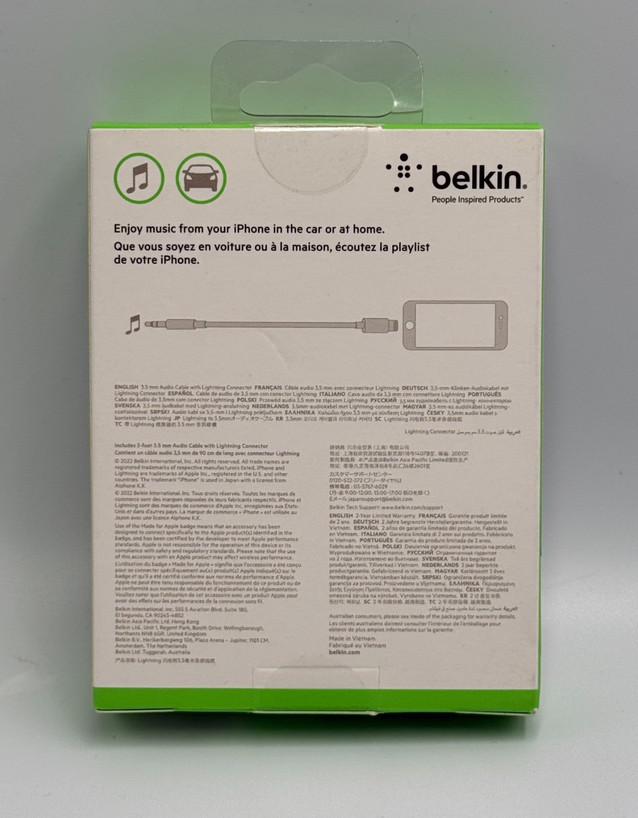 New Belkin 3.5 mm Aux Cable Black 6 FT Audio Cord for iPhone Car