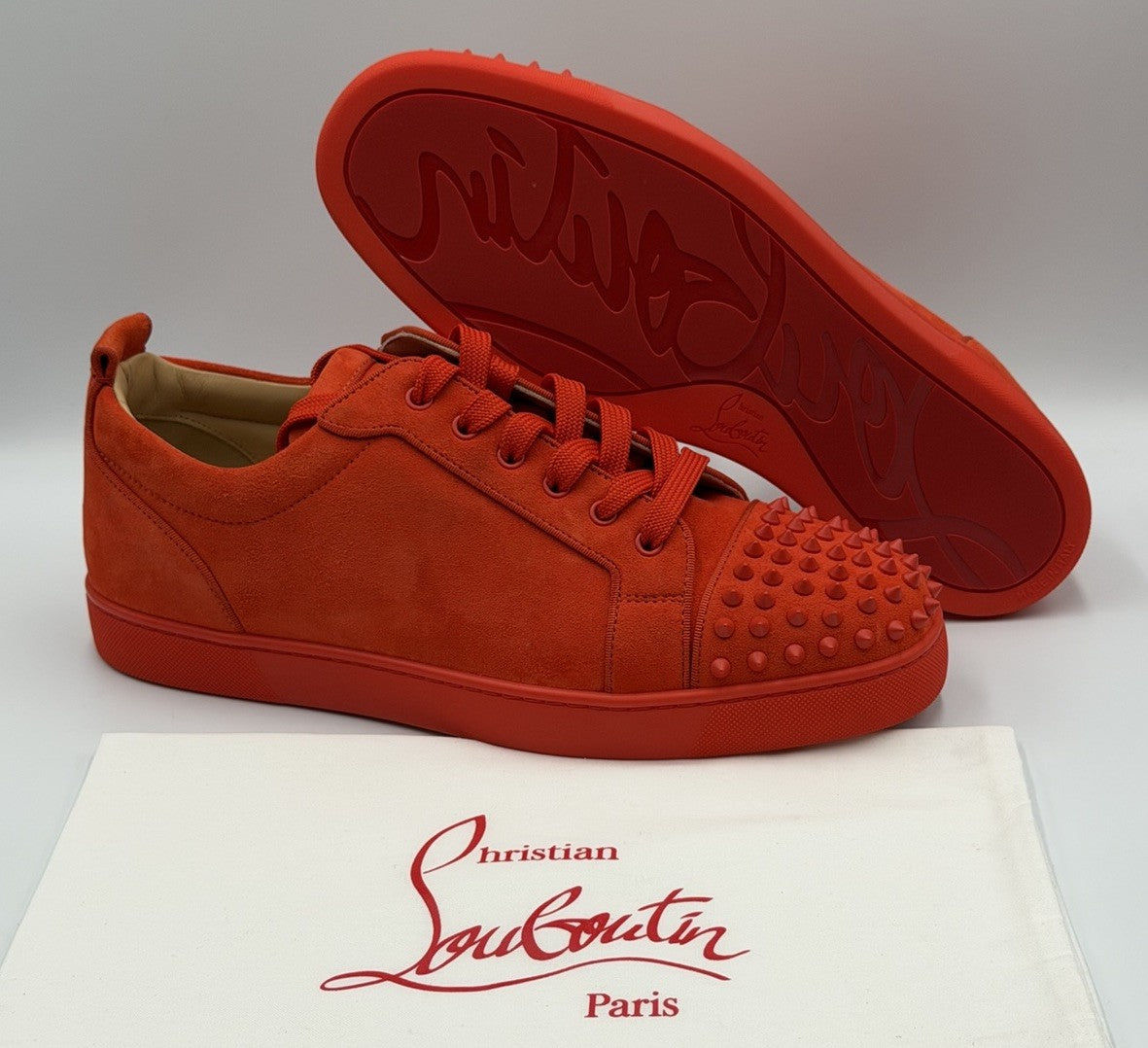 AUTHENTIC Christian Louboutin Junior Orange Suede Sneakers 44.5 EU 11.5 US