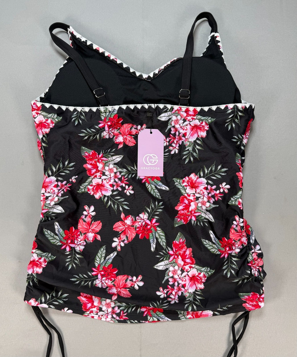 Gracyoga Two Piece Tankini V-Neck Swimsuit Women XL Black Pink Floral Skirt