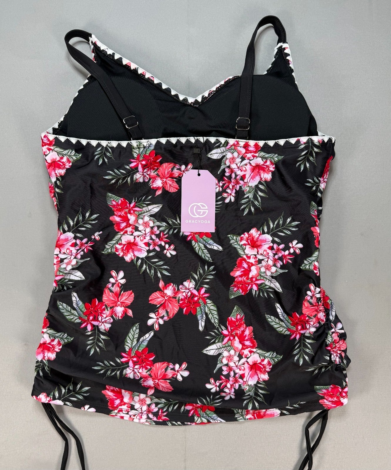Gracyoga Two Piece Tankini V-Neck Swimsuit Women XL Black Pink Floral Skirt