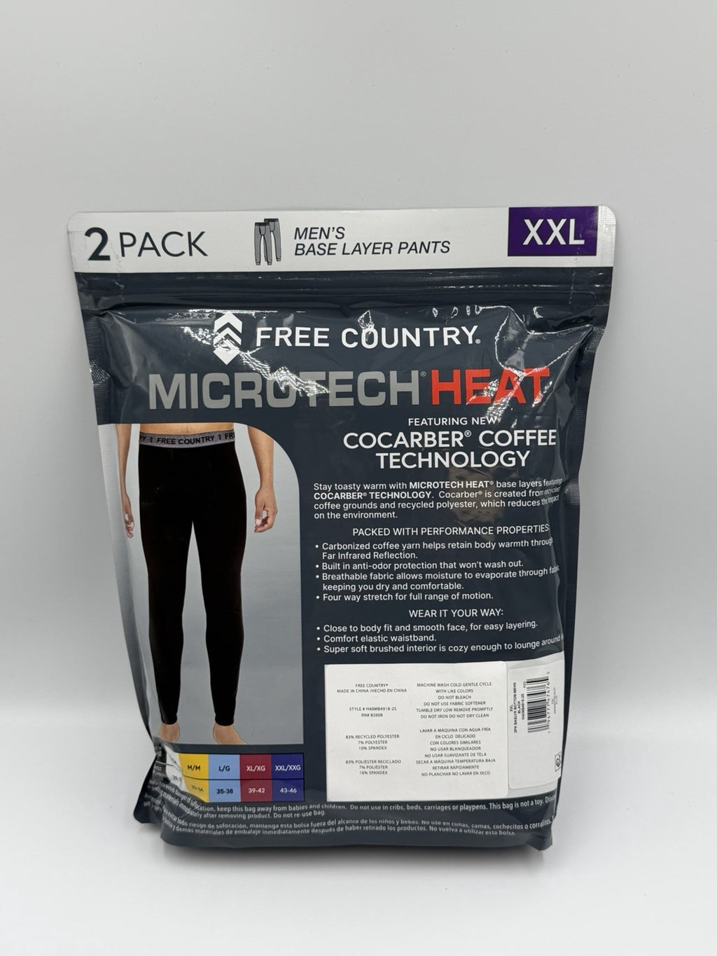 Free Country Microtech Heat Base Layer Pant Men's 2XL Black Stretch -Pack of 2