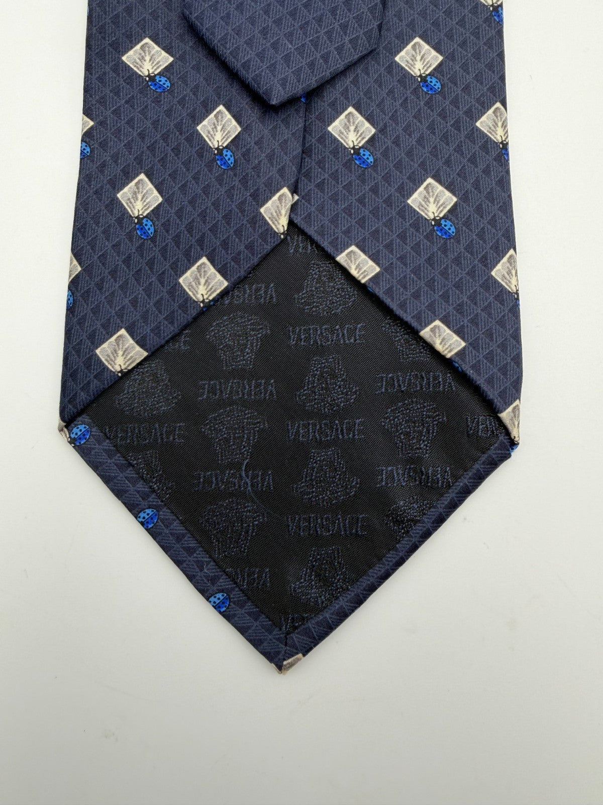 Vintage Versace Silk Necktie Men's Blue Geometric Diamond Pattern Luxury Tie