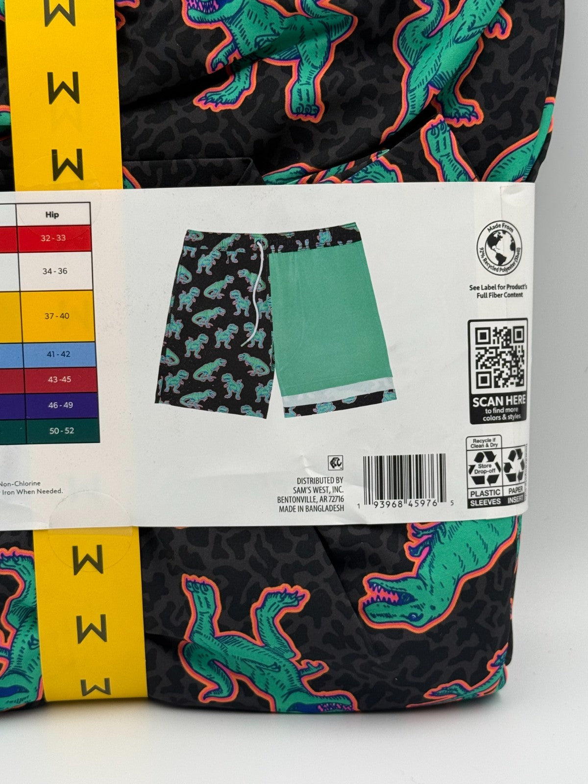 NWT Member's Mark Resort Swim Trunks Men's Medium Black Dinosaur Print 7" Inseam