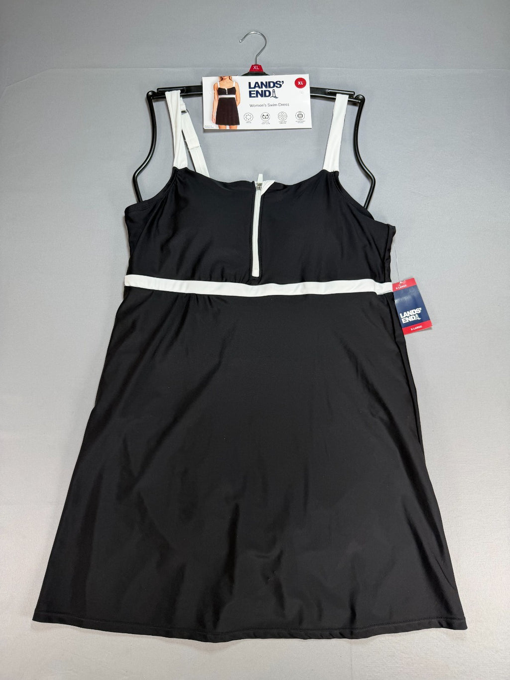 NWT Lands' End Zip Front Swim Dress Women's XL Black White Sleeveless Beach Gear