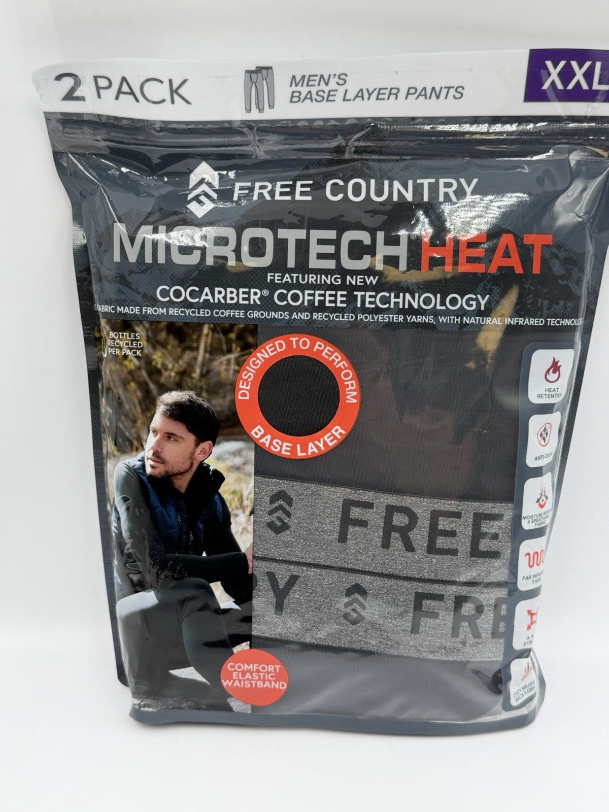 Free Country Microtech Heat Base Layer Pant Men's 2XL Black Stretch -Pack of 2