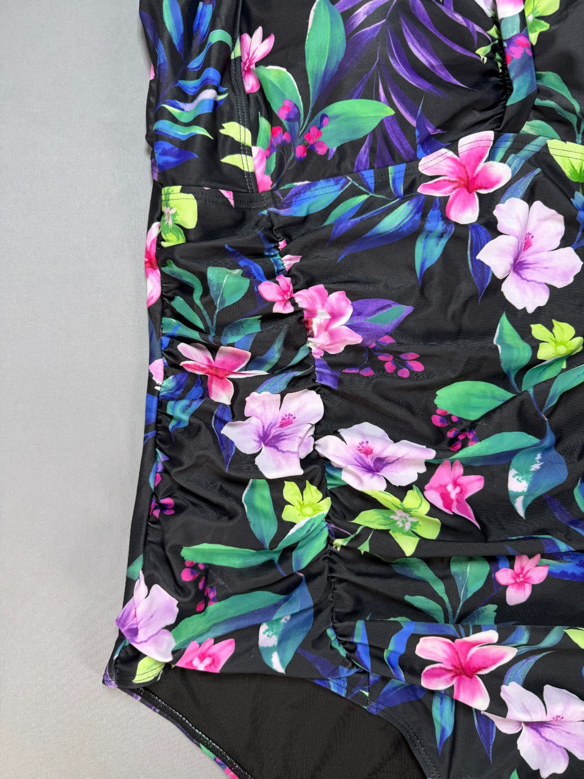 NWT Daci One Piece Swimsuit Women 22W Black Tropical Tummy Control Ruched Floral
